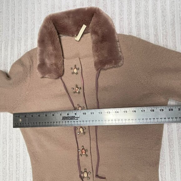 Vintage Easel Women's Snap Button Beige Faux Fur Trim Detachable Collar Jacket - Picture 9 of 11